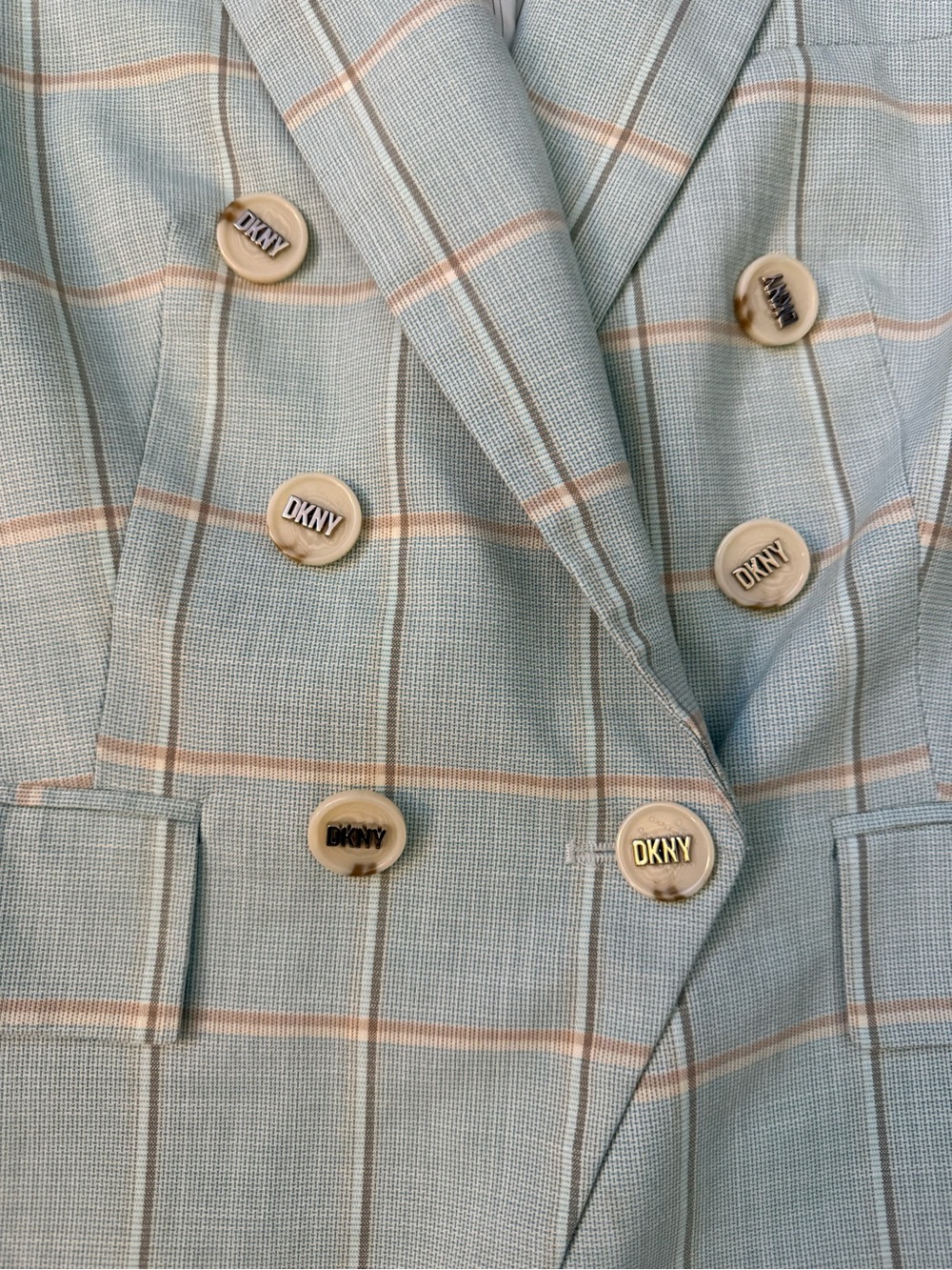 DKNY Mint Plaid Double-Breasted Blazer with Gold Buttons - Picture 5 of 6